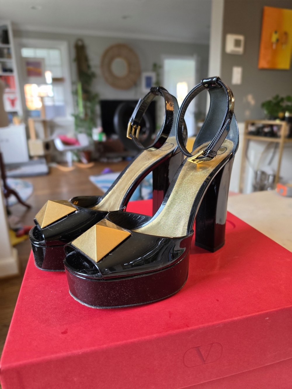 Valentino Garavani One Stud 120mm Platform Sandal with Gold Pyramid Size 38/8